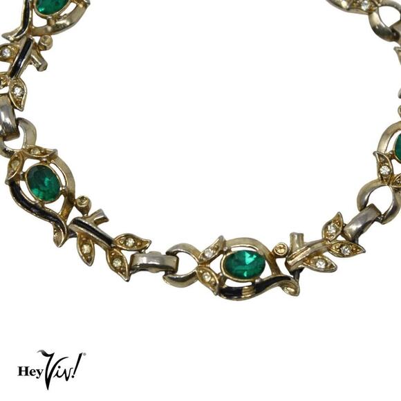 Vintage Coro Bracelet Signed Leaf Shapes Green Rhinestones 7.5" Long - Hey Viv - Picture 2 of 5